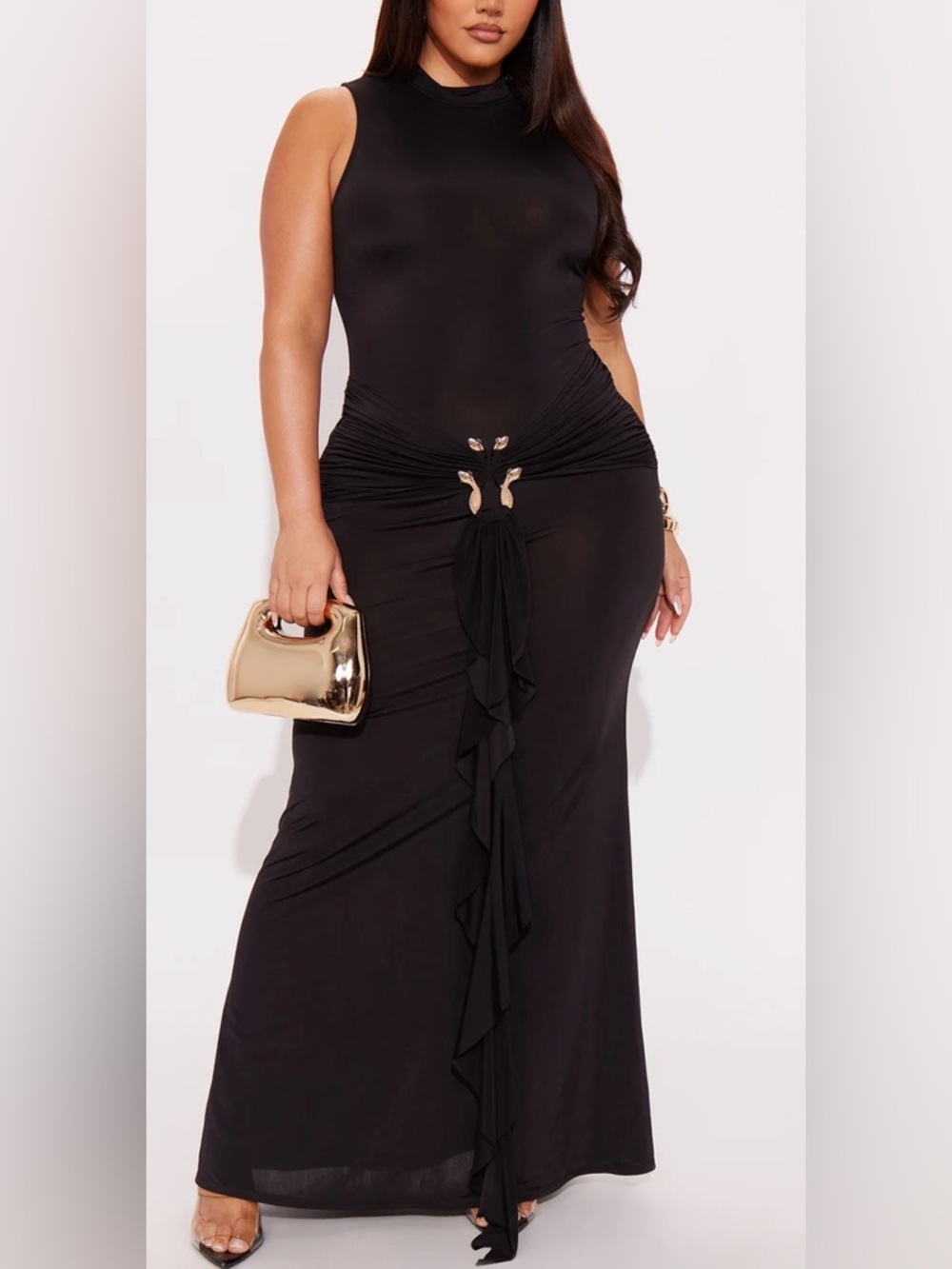 Elegant Black Maxi Dress with Gold Accent Hardware